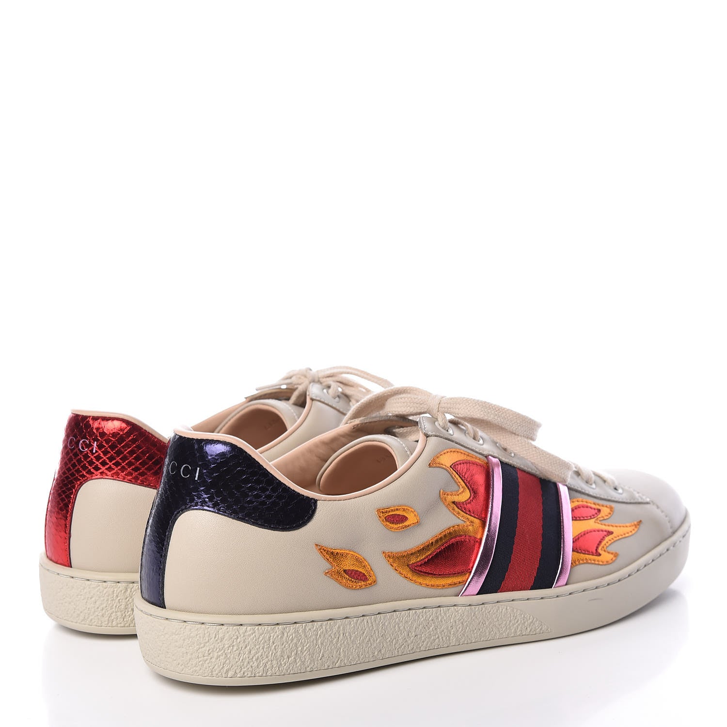 Gucci Calfskin Ayers Web Flames Embroidered Mens Ace Sneakers 10.5 Off White 4 of 9