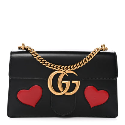 Gucci Knight Calfskin Malaga Kid Heart Medium GG Marmont Chain Handle Bag Black Hibiscus Red Multicolor 1 of 12