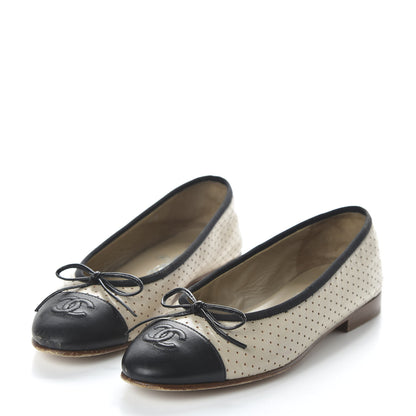 Chanel Lambskin Perforated Cap Toe Ballerina Flats 36 Beige Black 3 of 9