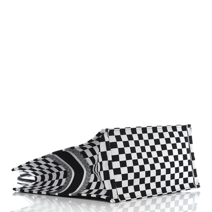 Christian Dior Canvas Embroidered Checkered Book Tote Black White 4 of 9