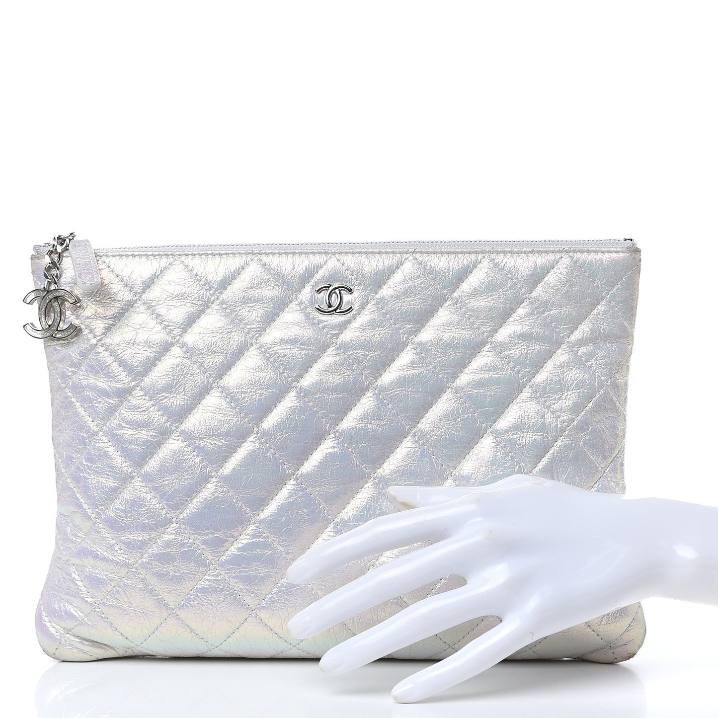 Iridescent Crumpled Calfskin CC Ripples Medium Cosmetic Case White