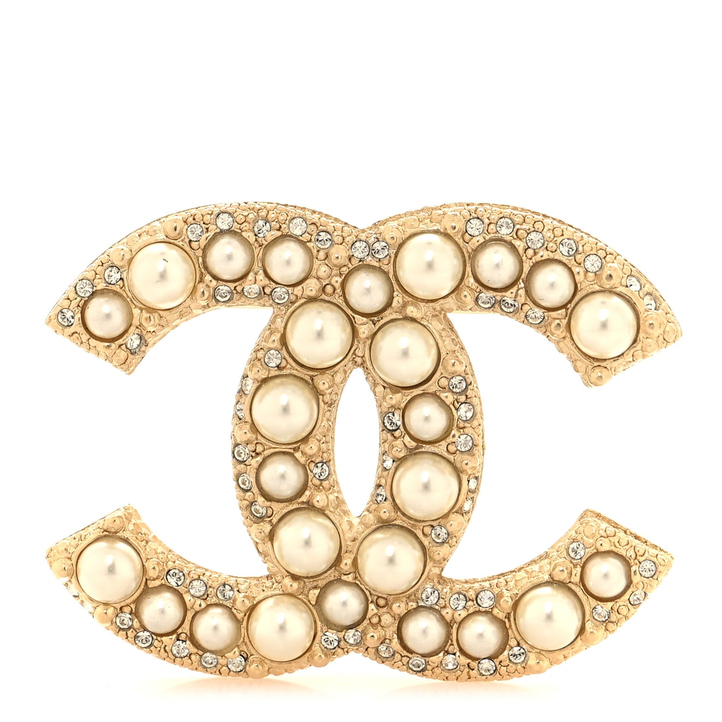 Metal Crystal Graduated Pearl CC Brooch Gold