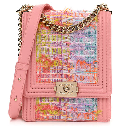 Chanel Calfskin Tweed Quilted North South Boy Flap Pink 1 of 10