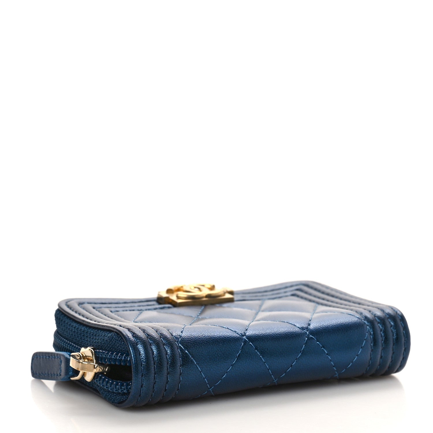 Chanel Metallic Lambskin Quilted Boy Zip Around Coin Purse Wallet Blue 4 of 9