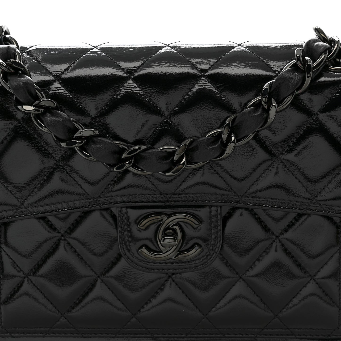 Shiny Crumpled Calfskin Quilted Large Double You Flap So Black