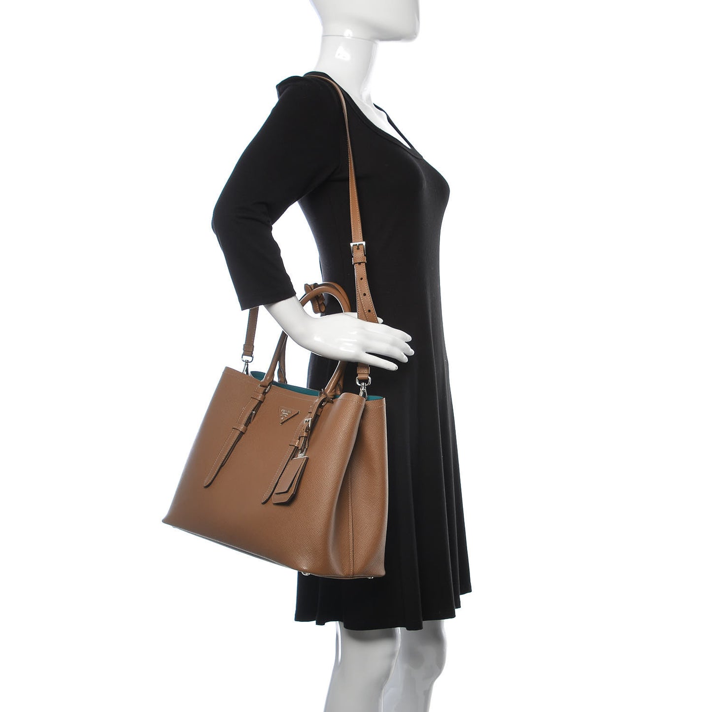 Saffiano Cuir Medium Double Handle Tote Cannella Turchese