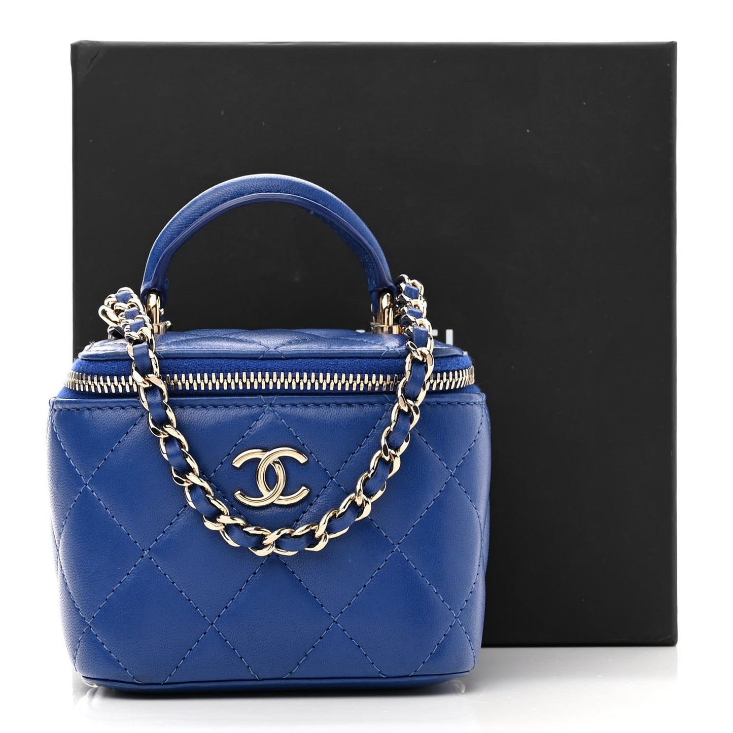 Lambskin Quilted Top Handle Mini Vanity Case With Chain Blue