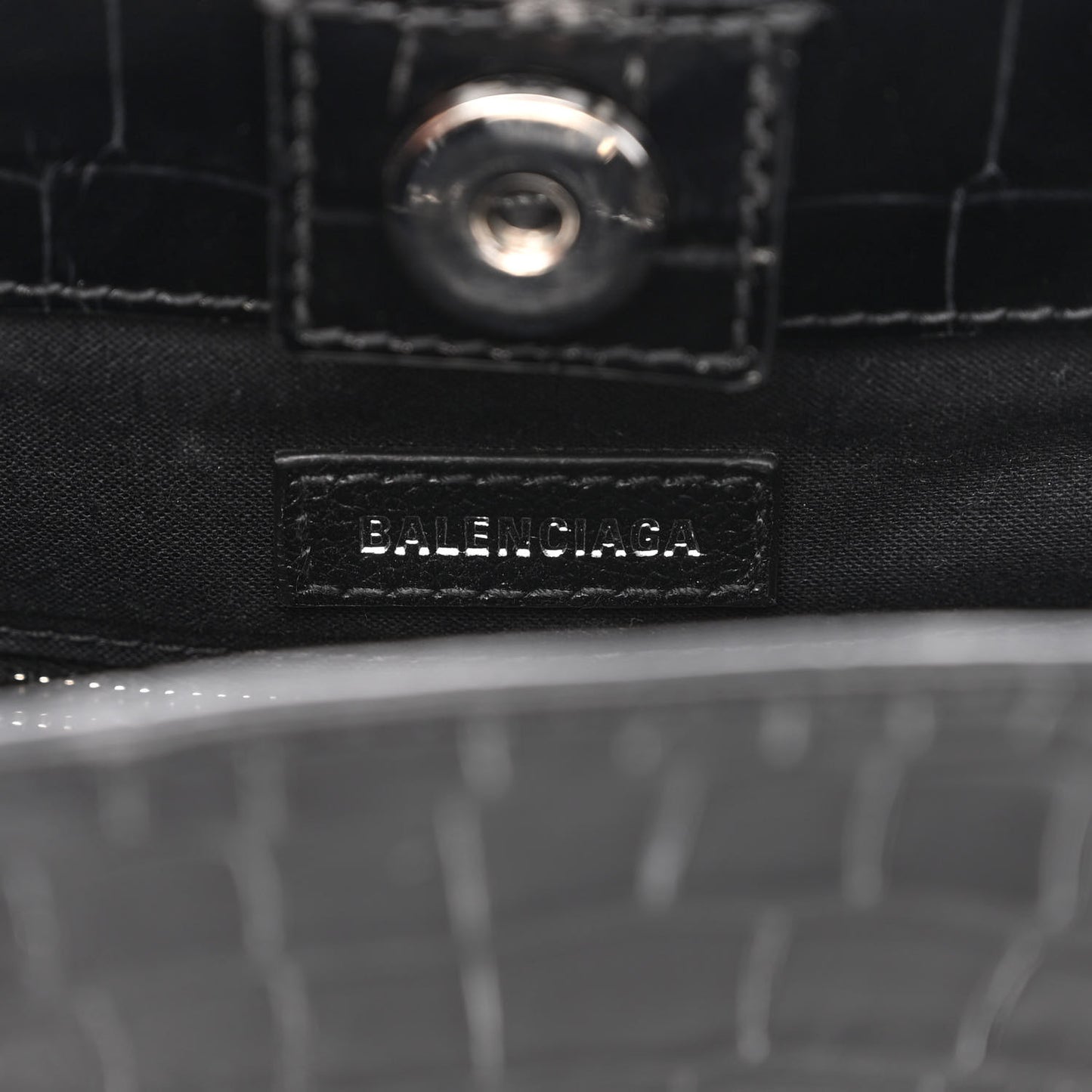 Shiny Calfskin Logo Crocodile Embossed North South Shopper Tote XXS Black White