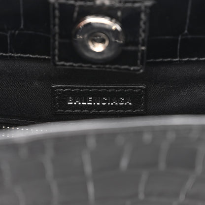 Balenciaga Shiny Calfskin Logo Crocodile Embossed North South Shopper Tote XXS Black White 6 of 10