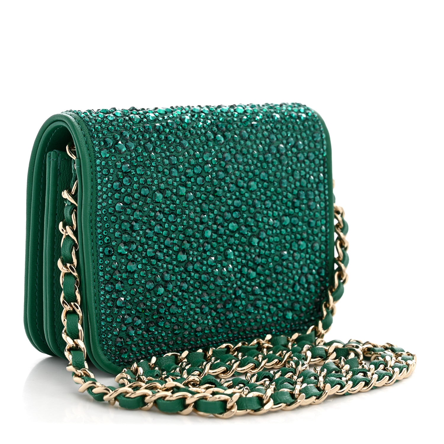 Chanel Lambskin Crystal Diamante Clutch With Chain Green 2 of 10