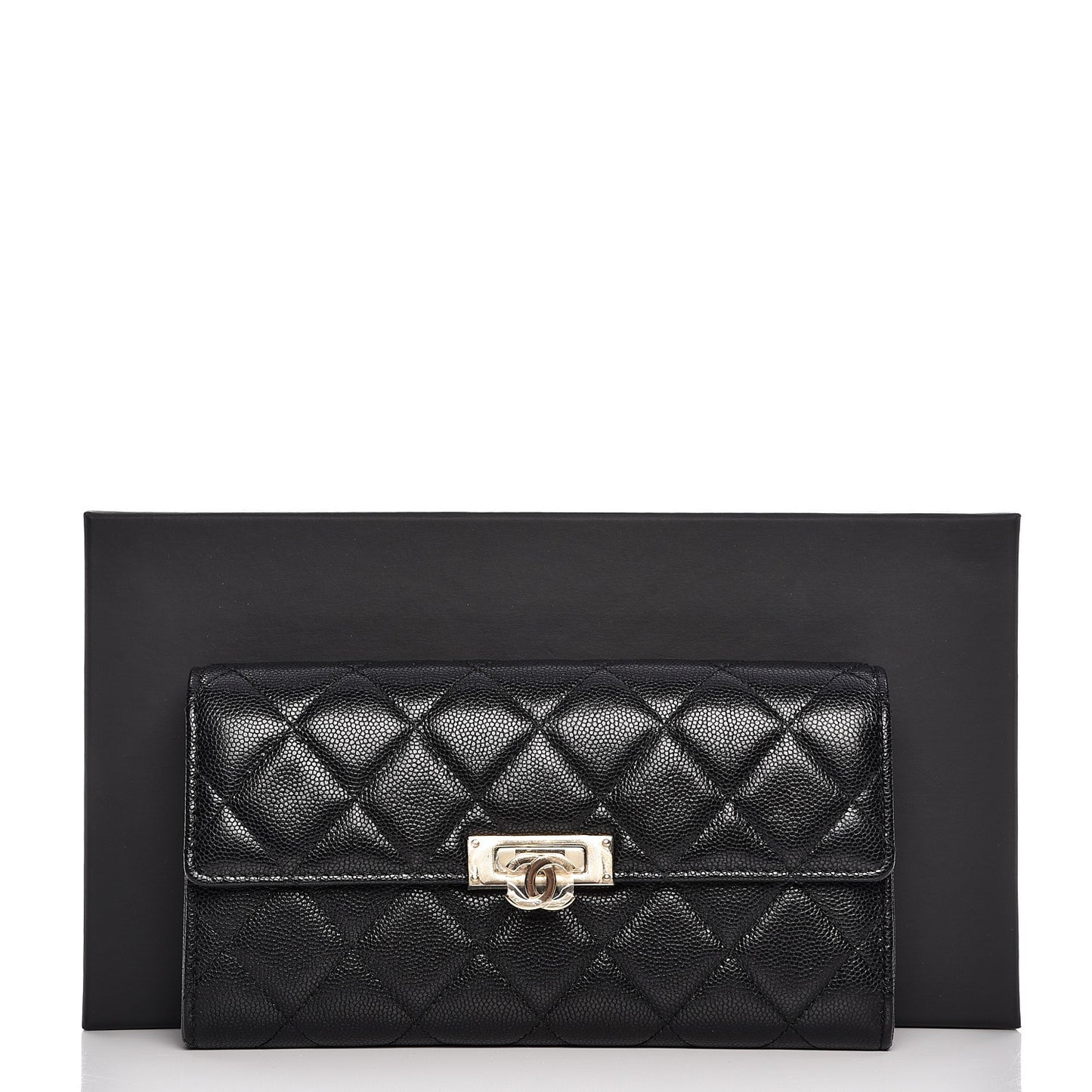 Caviar Quilted Large Golden Class Gusset Flap Wallet Black