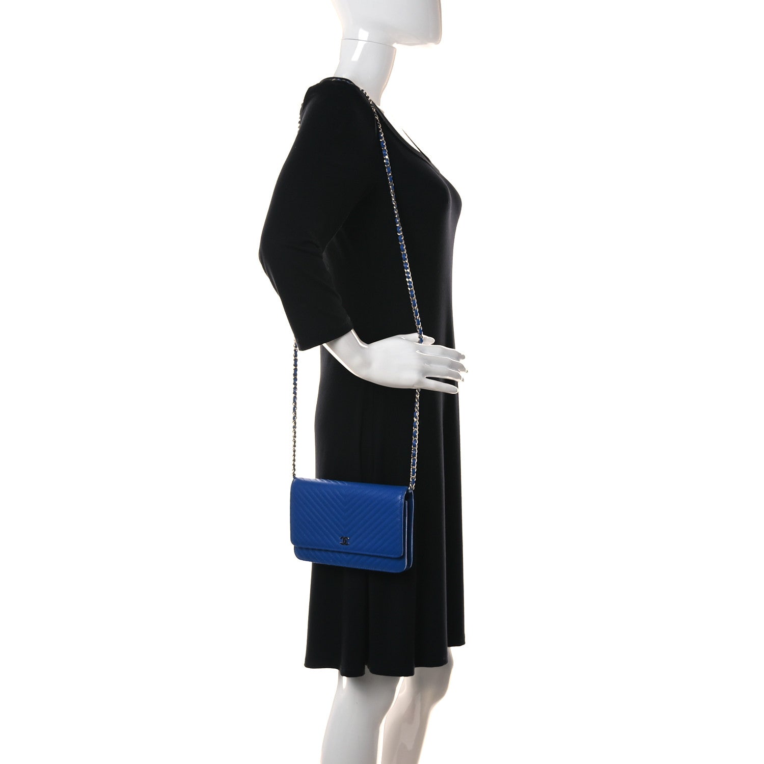 Chanel Caviar Chevron Quilted Wallet On Chain WOC Blue 2 of 10