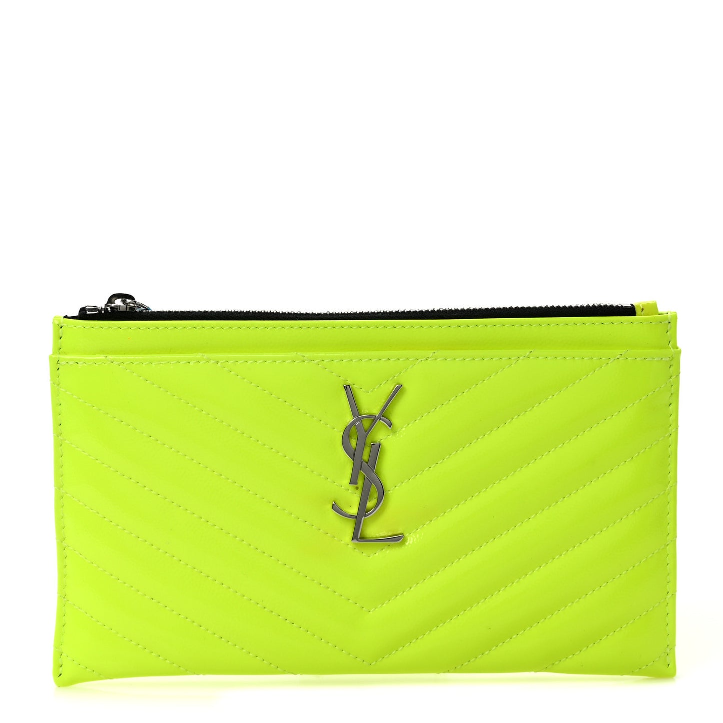 Patent Grain De Poudre Matelasse Chevron Monogram Bill Pouch Neon Yellow