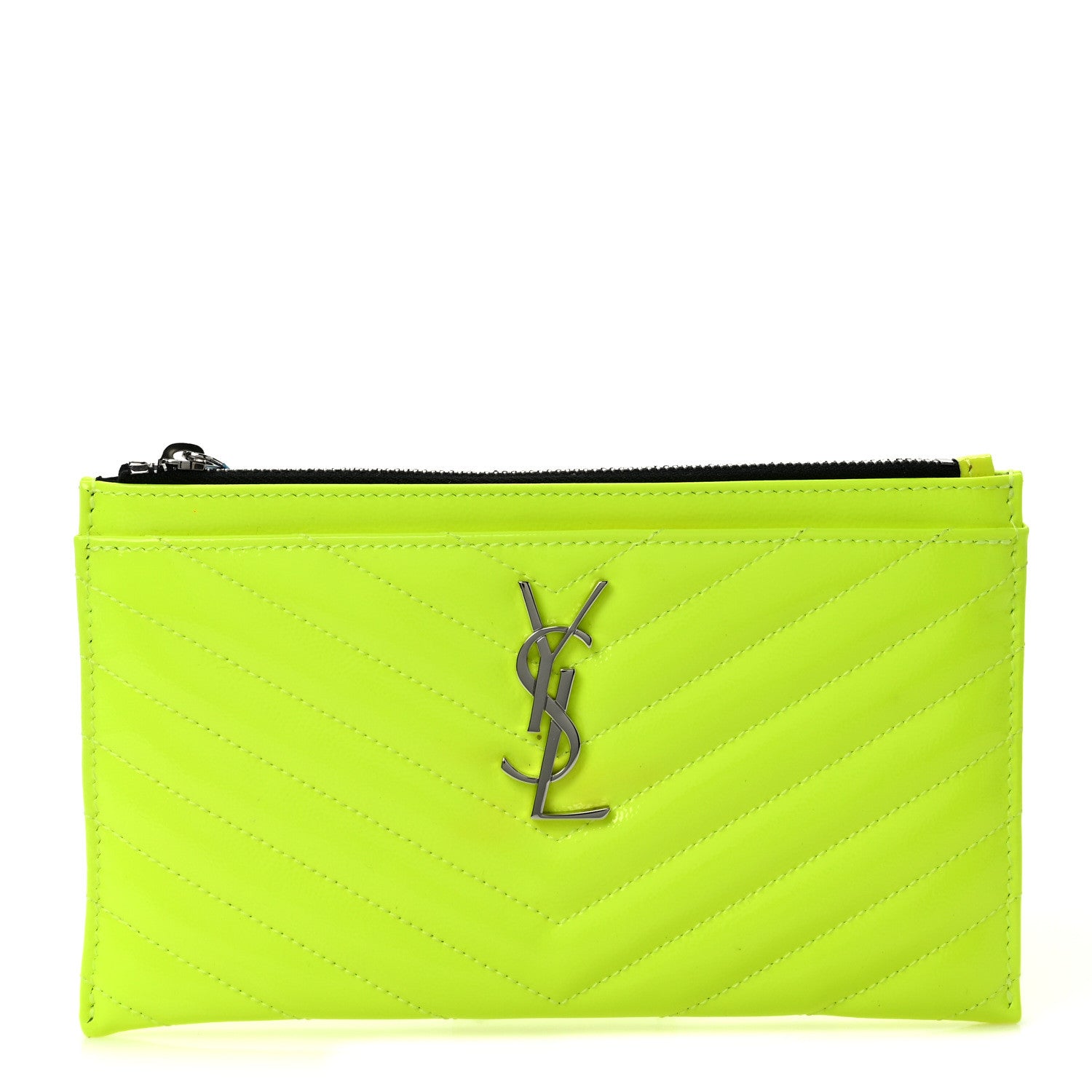 Saint Laurent Patent Grain De Poudre Matelasse Chevron Monogram Bill Pouch Neon Yellow 1 of 7