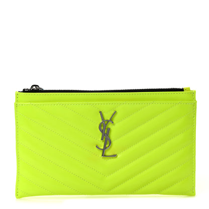 Saint Laurent Patent Grain De Poudre Matelasse Chevron Monogram Bill Pouch Neon Yellow 1 of 7