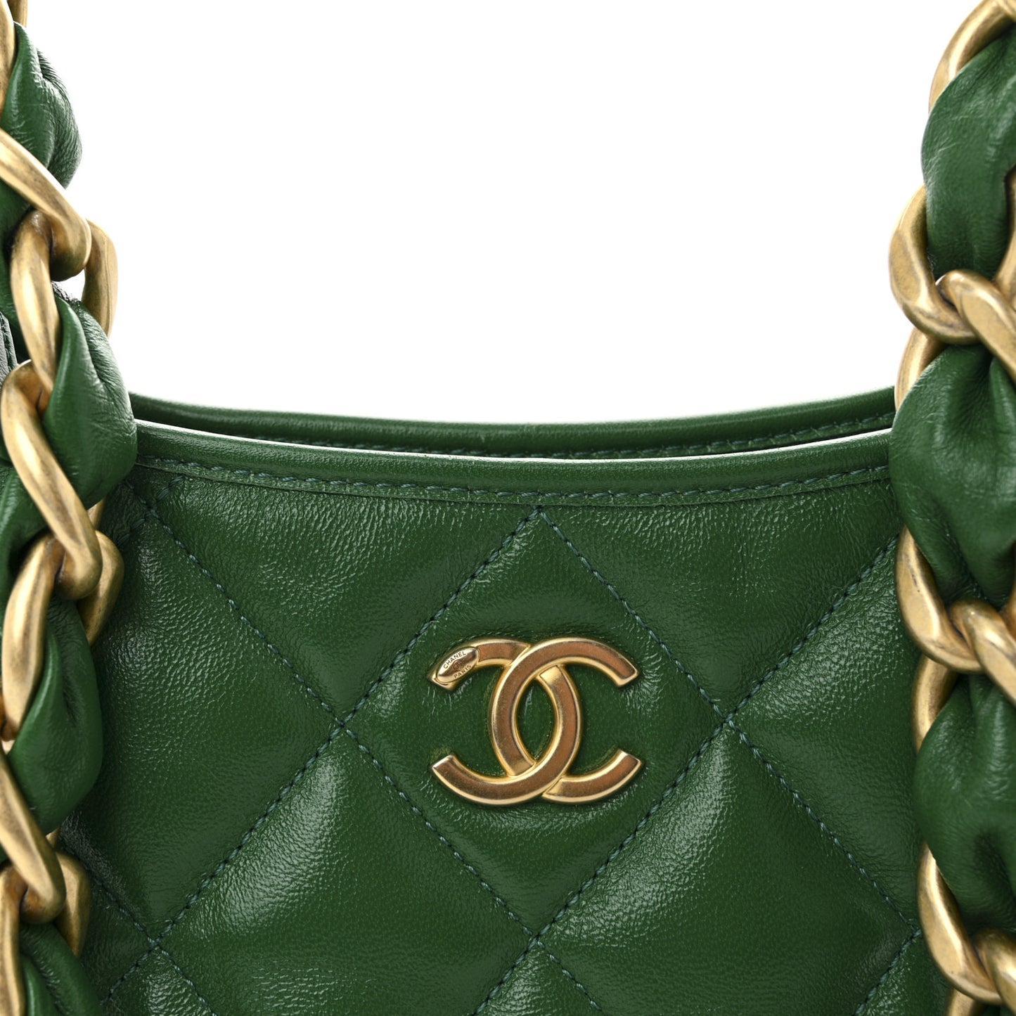 Shiny Crumpled Lambskin Quilted Small CC Funky Town Hobo Green