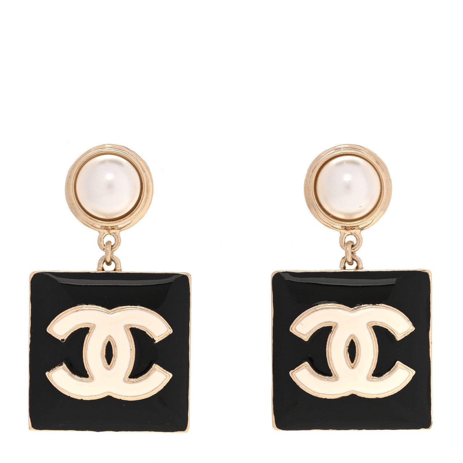 Chanel Metal Enamel Pearl Square CC Drop Earrings Gold Black White 1 of 5