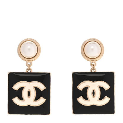 Chanel Metal Enamel Pearl Square CC Drop Earrings Gold Black White 1 of 5