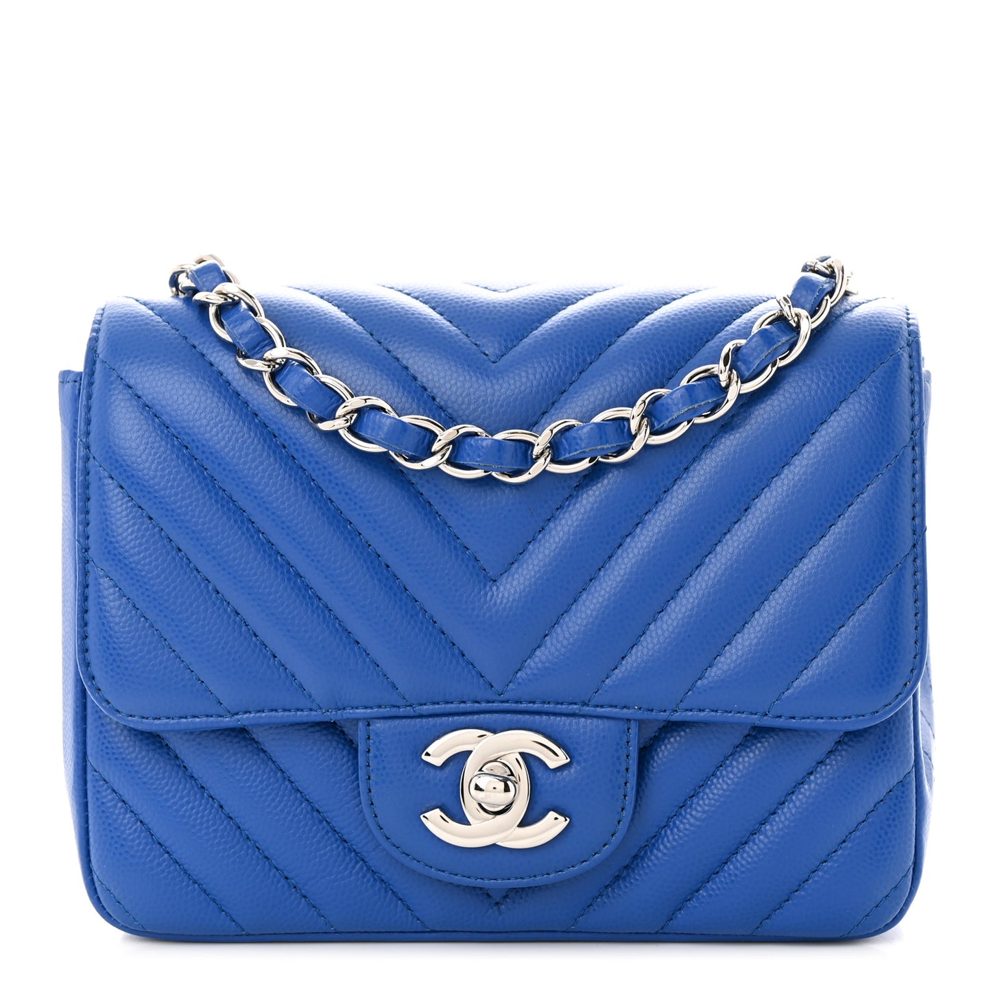 Caviar Chevron Quilted Mini Square Flap Blue