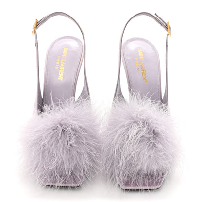 Saint Laurent Crepe Satin Blanco Feathered Sandals 38 Poly Grey 2 of 11