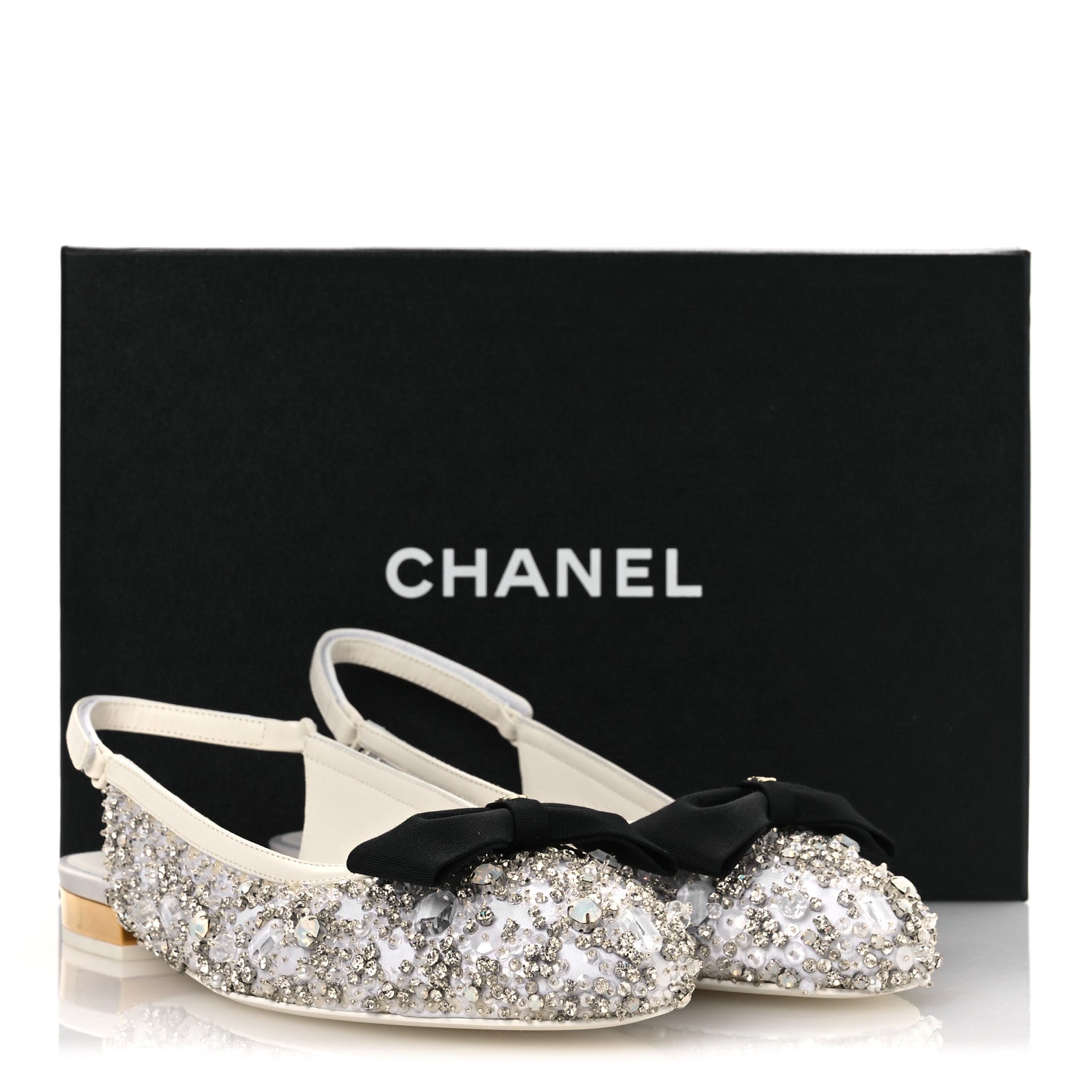Chanel Satin Crystal Lambskin Grossgrain Bow CC Slingback Flats 39 White Black 11 of 11