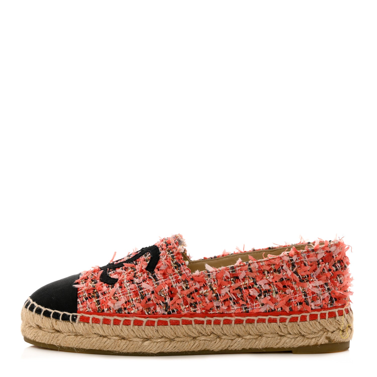 Chanel Tweed Grosgrain CC Espadrilles 36 Coral Red Pink Black 1 of 8