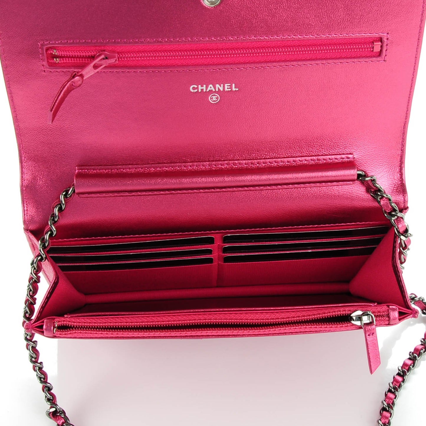 Patent Calfskin Quilted Boy Wallet On Chain WOC Fuchsia