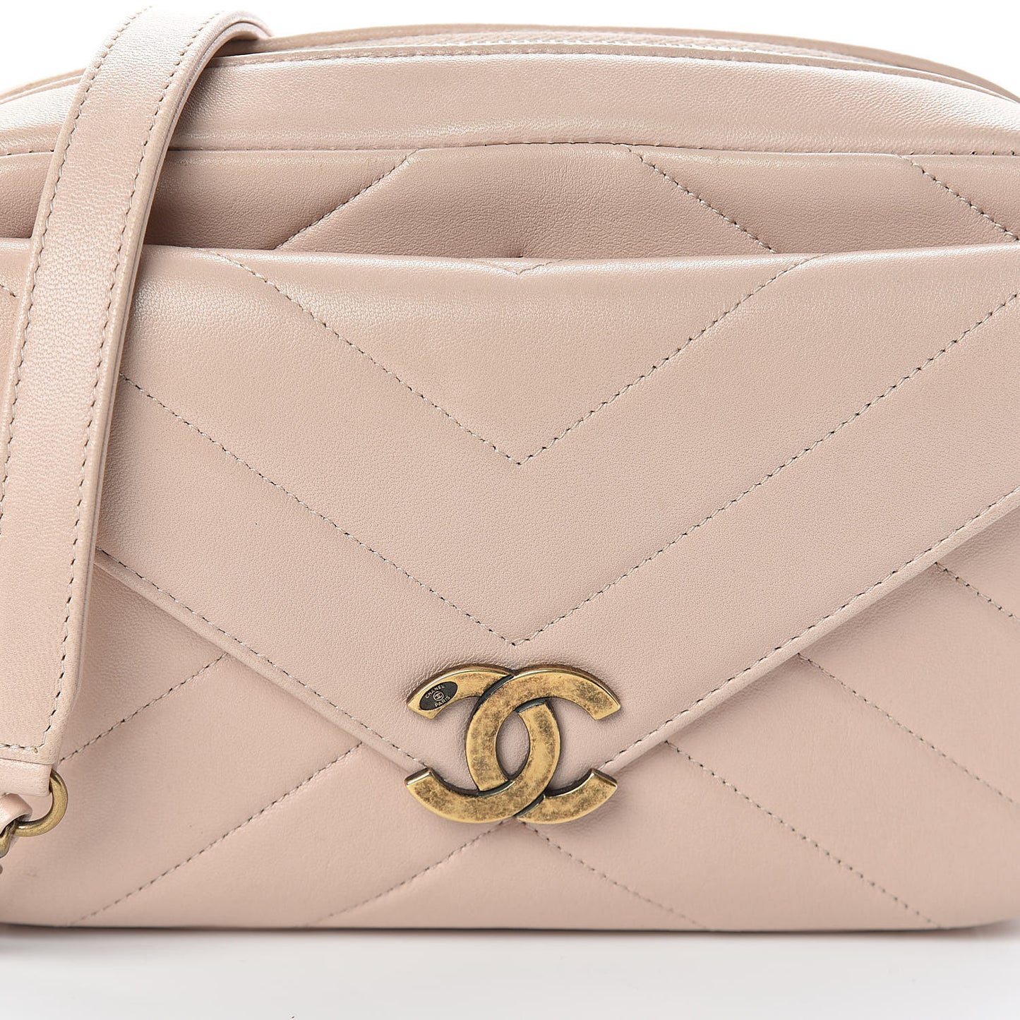 Shiny Lambskin Chevron Stitched Small Coco Camera Case Beige