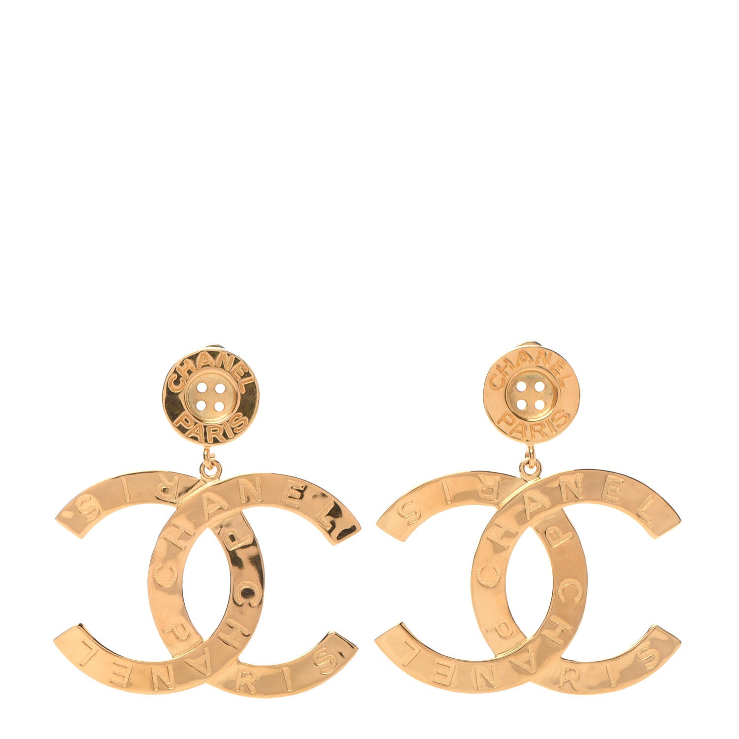 Chanel Metal Large Paris Button Earrings Gold 1 of 5