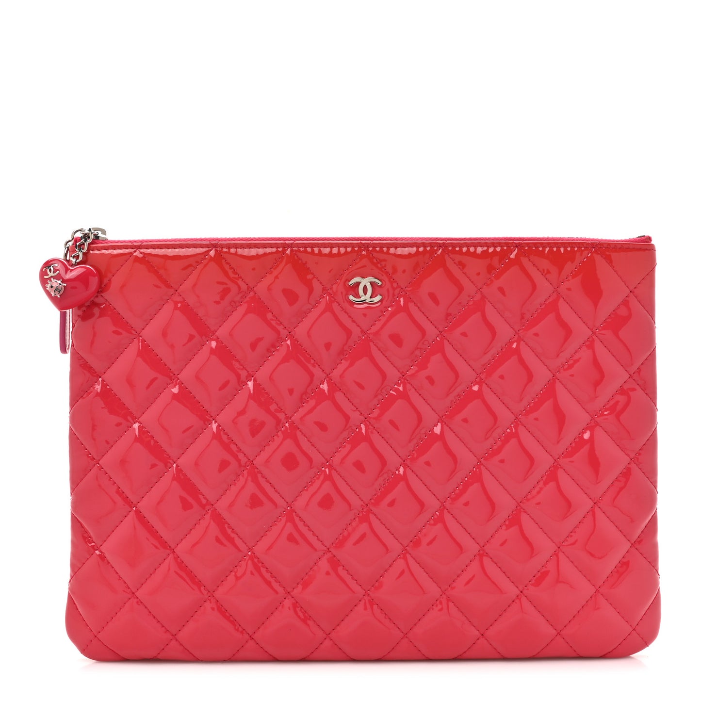 Patent Calfskin Quilted Valentine Hearts Medium O Cosmetic Case Dark Pink