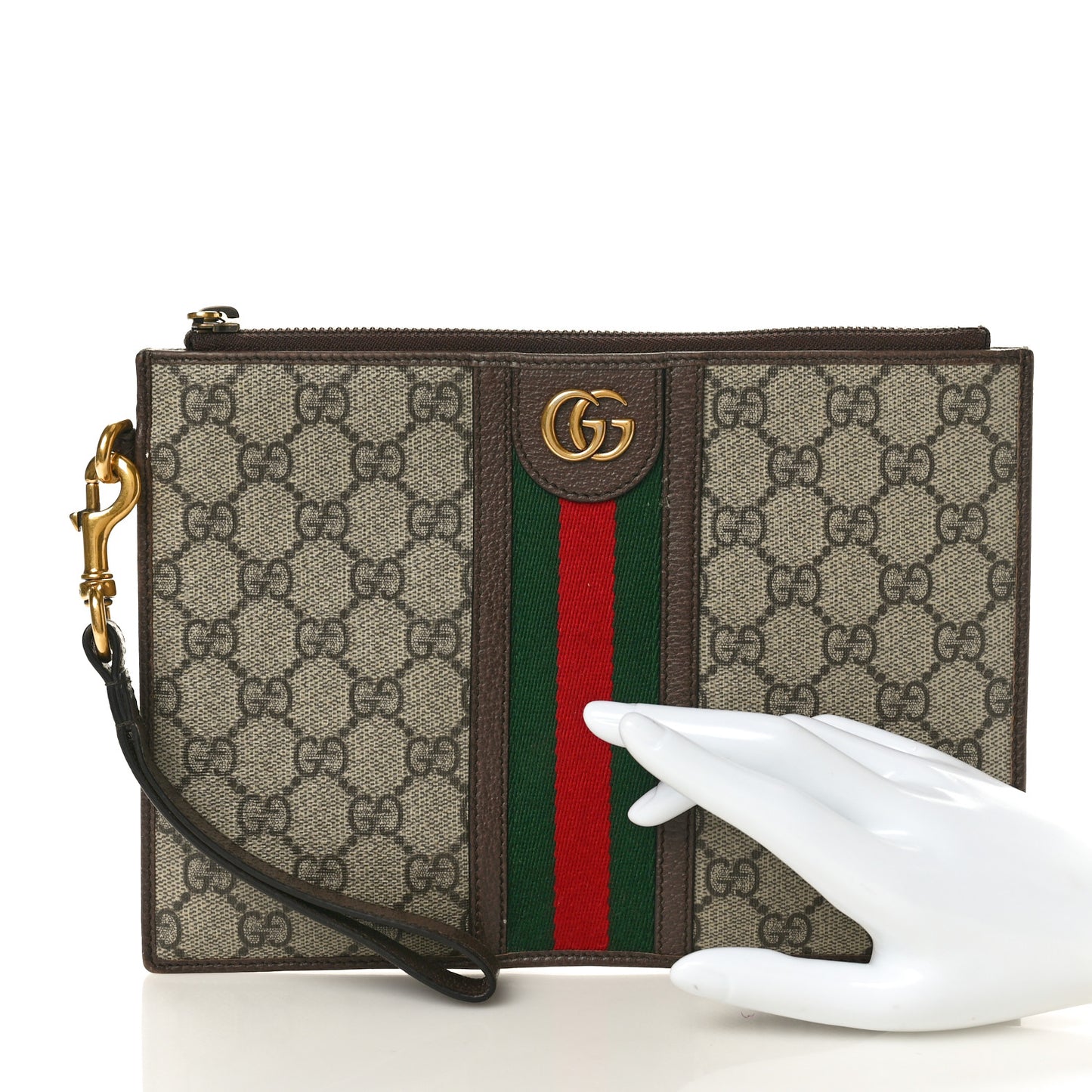 GG Supreme Monogram Web Ophidia Wristlet Pouch Brown