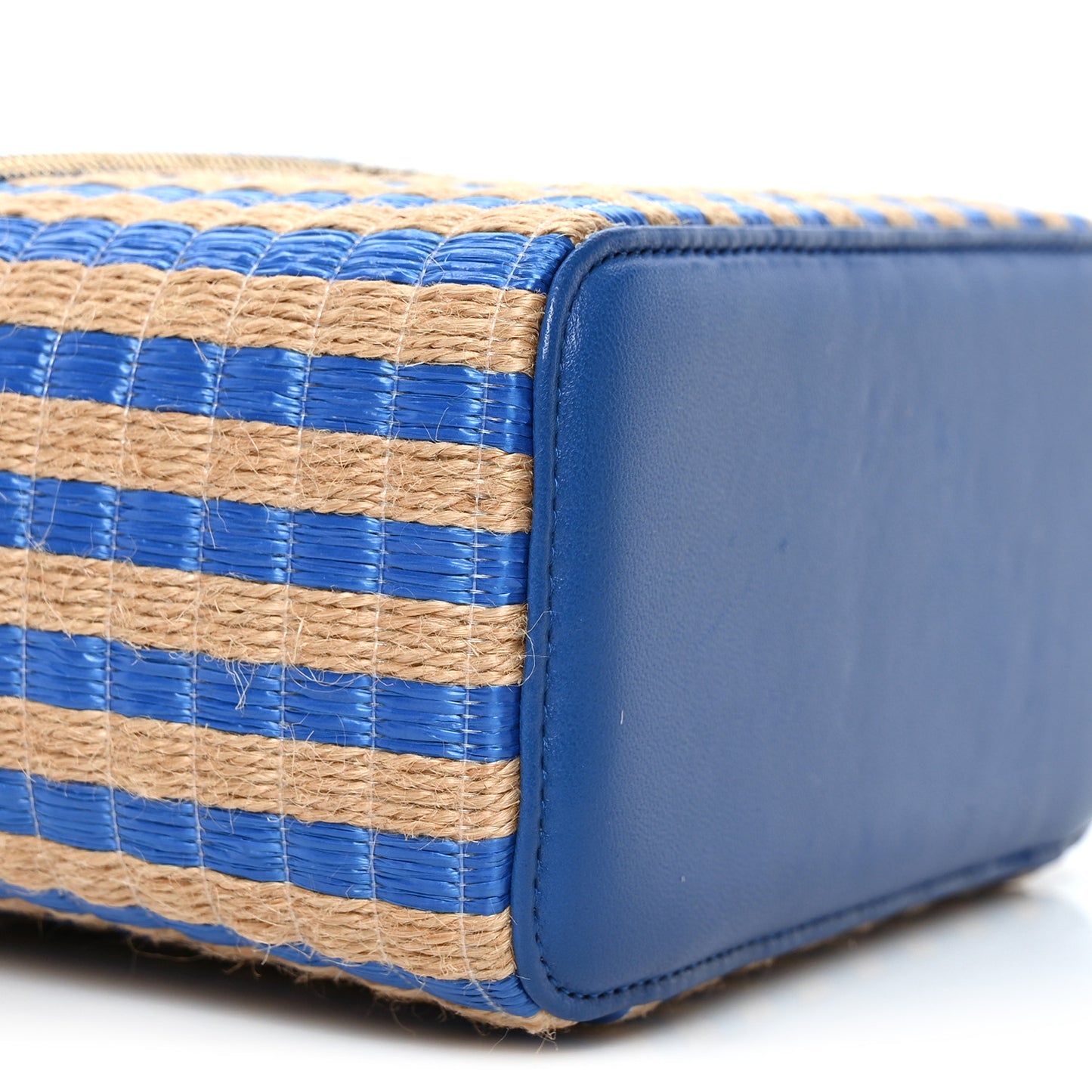 Raffia Jute Striped Small Vanity Case With Chain Blue Beige