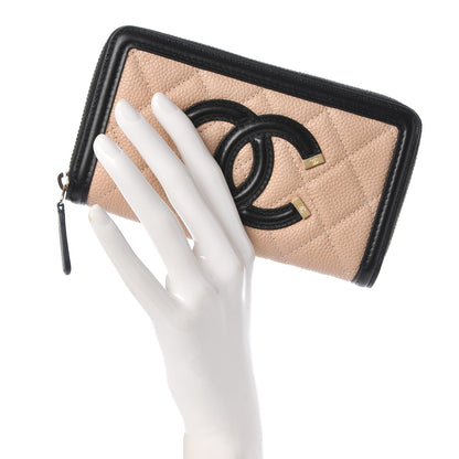 Chanel Caviar Quilted Small Filigree Zip Around Wallet Beige Black 2 of 9