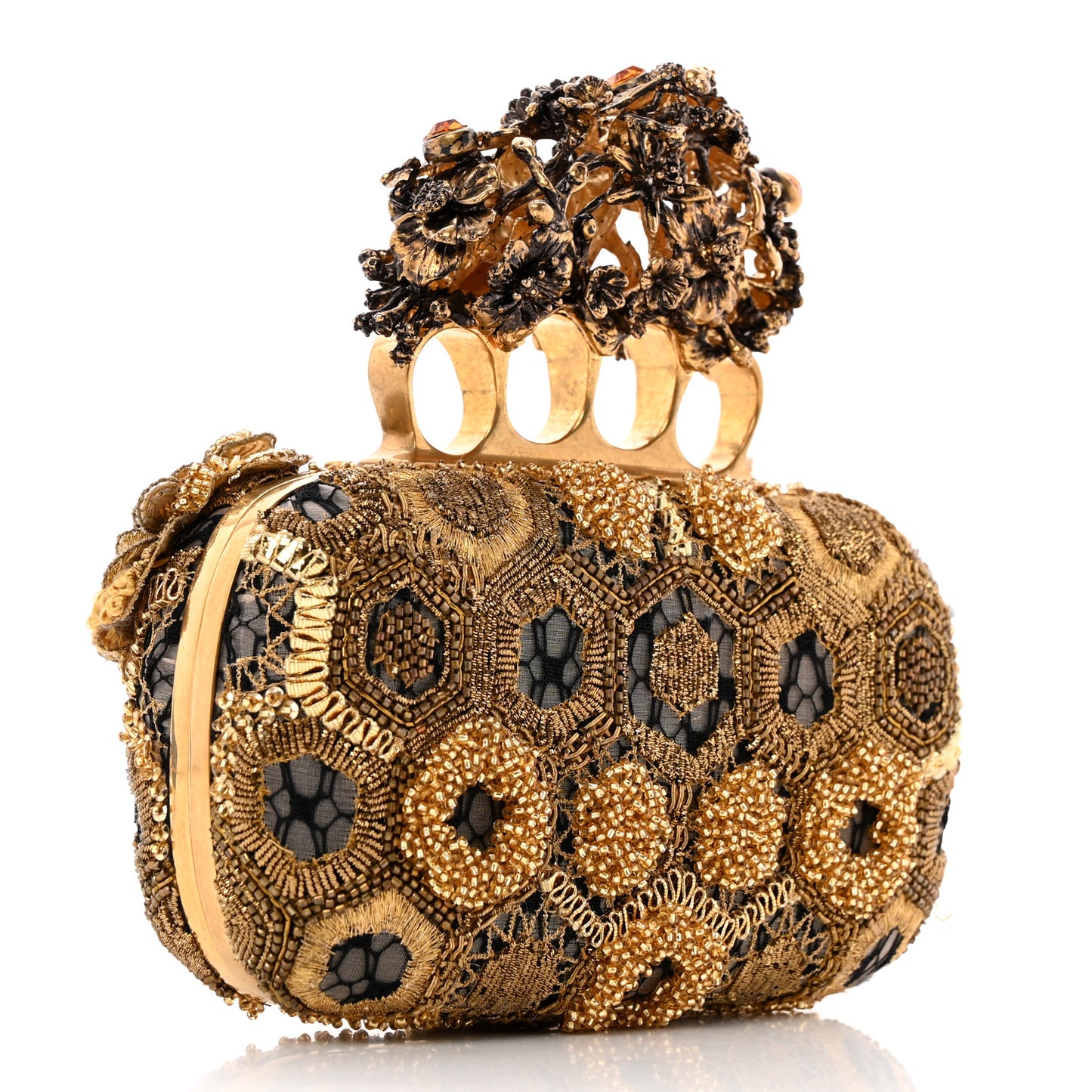 Embellished Flower Knuckle Box Clutch Gold