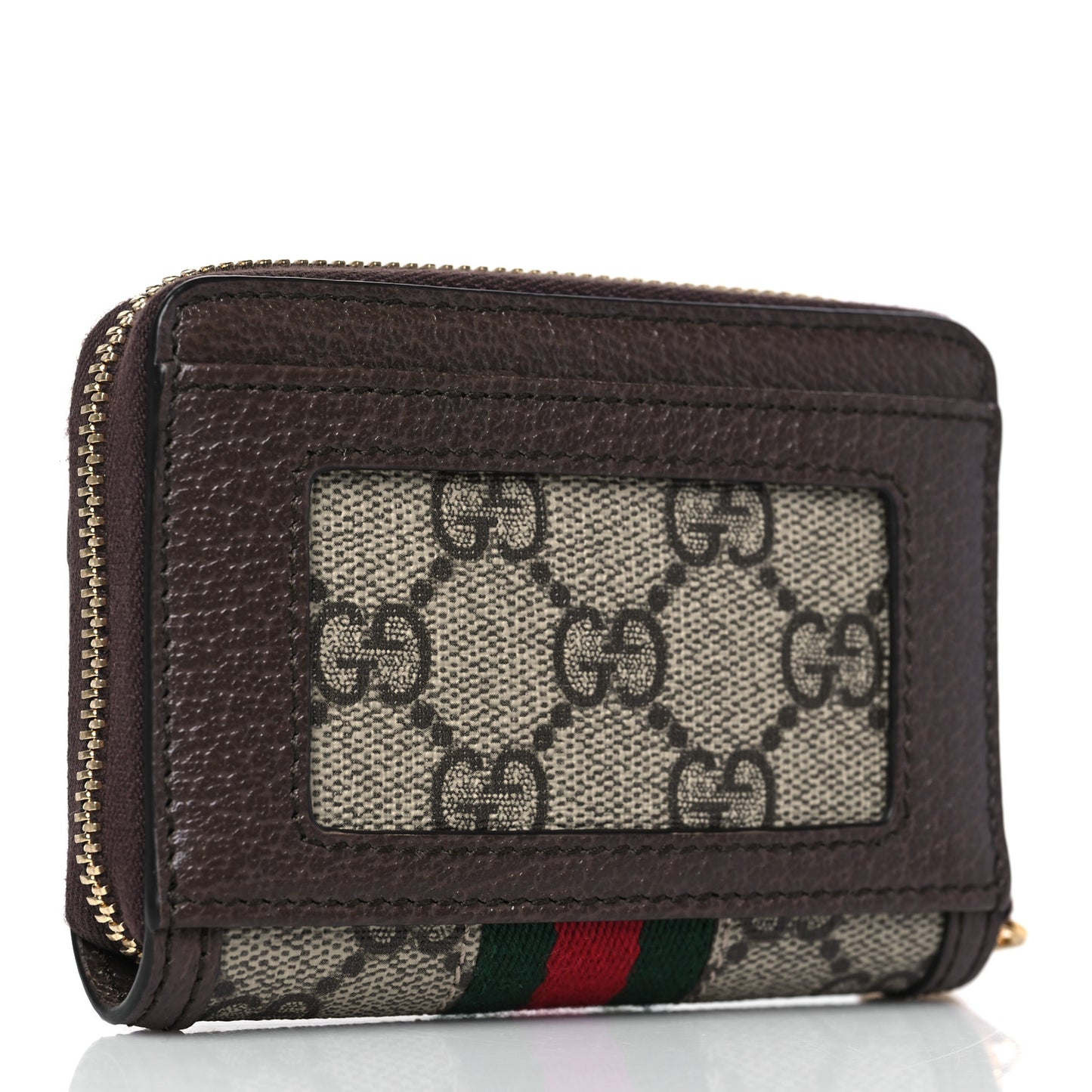 GG Supreme Monogram Textured Dollar Calfskin Web Ophidia Zip Around Card Case Wallet Beige Ebony New Acero