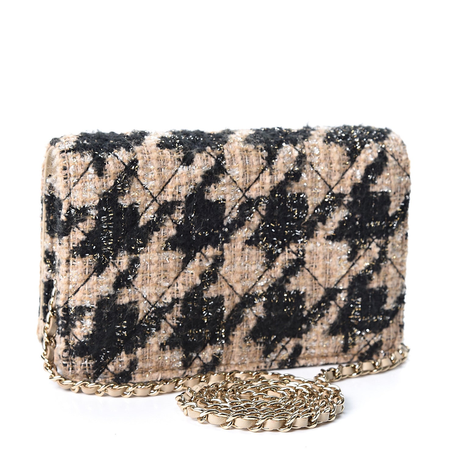 Chanel Tweed Shearling Quilted Wallet On Chain WOC and Coin Purse Beige Black 2 of 10