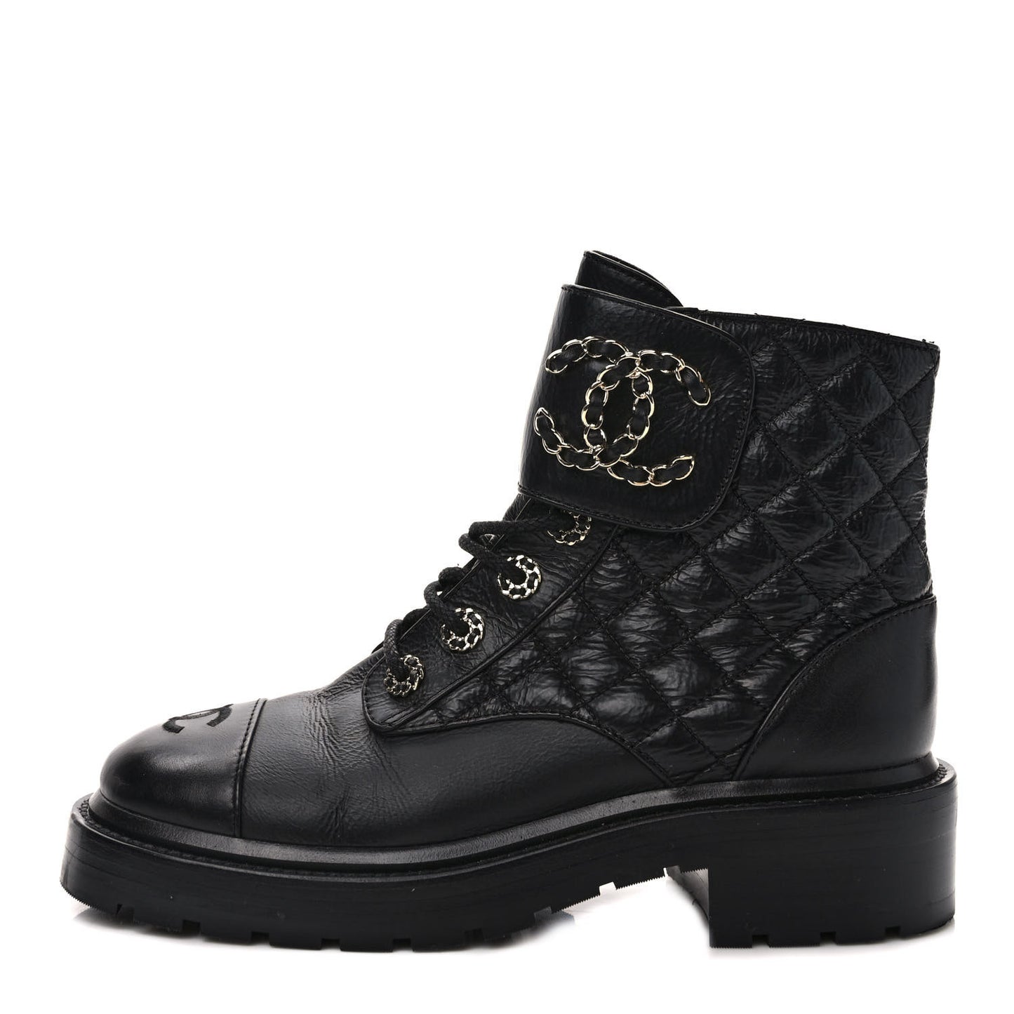 Shiny Calfskin Quilted Lace Up Combat Boots 36.5 Black
