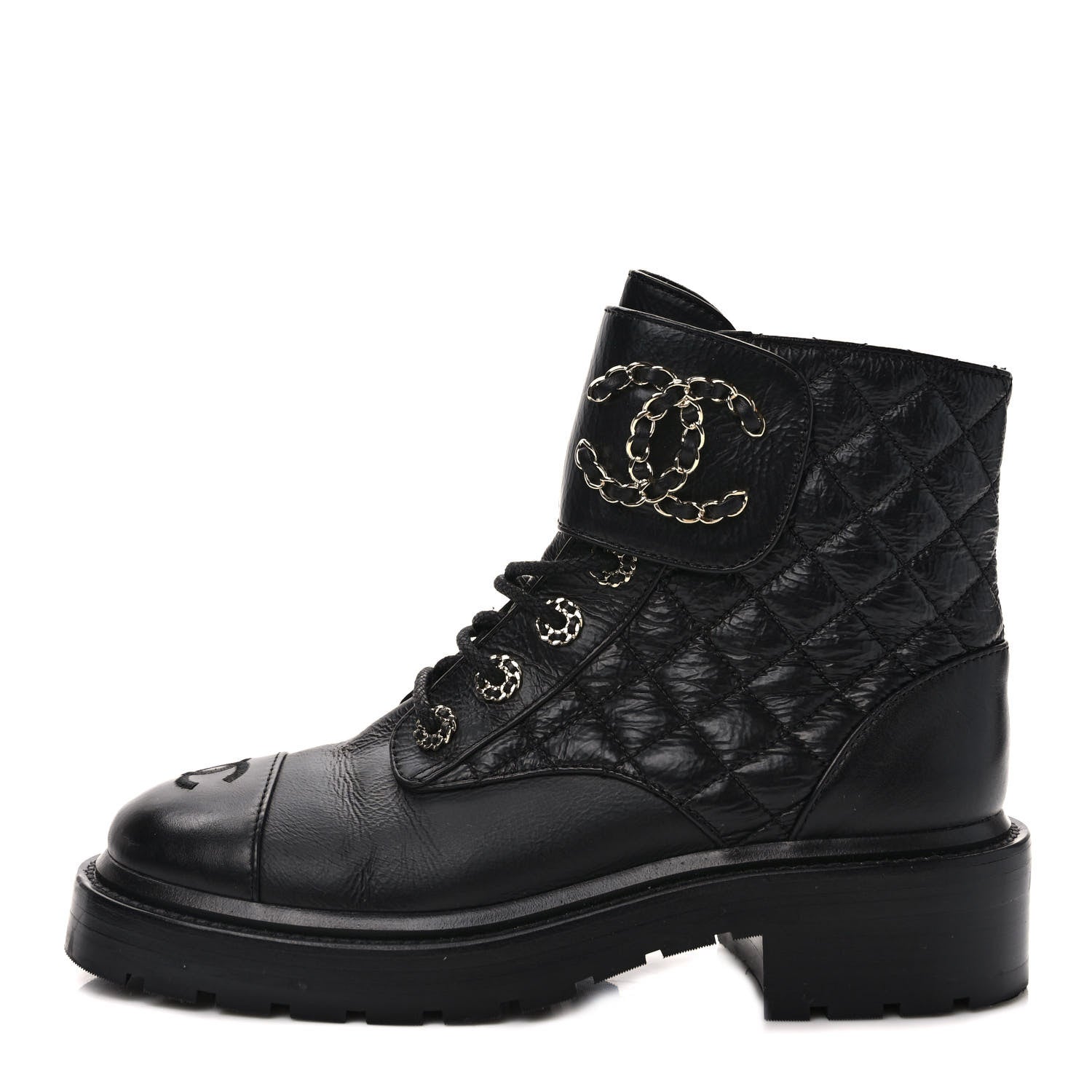 Chanel Shiny Calfskin Quilted Lace Up Combat Boots 36.5 Black 1 of 8