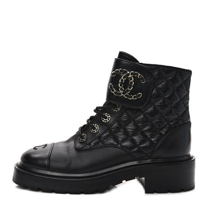 Chanel Shiny Calfskin Quilted Lace Up Combat Boots 36.5 Black 1 of 8