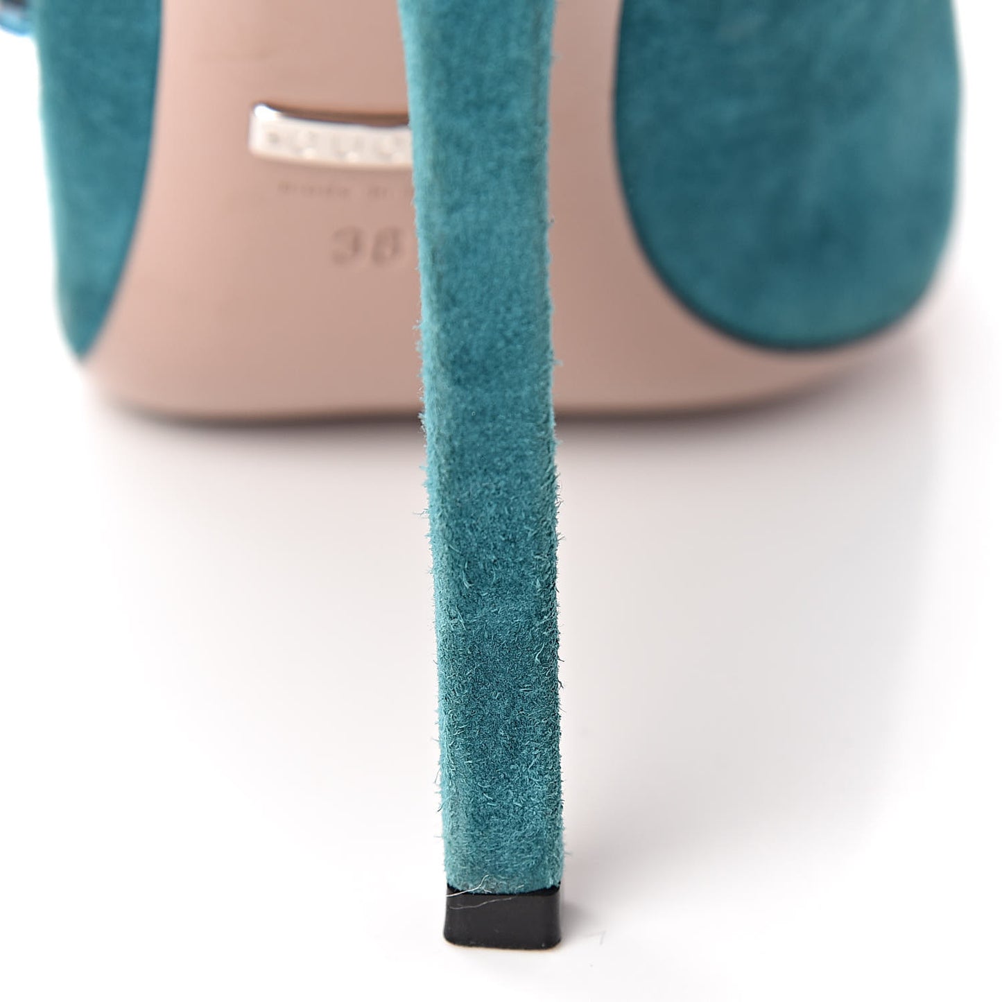 Suede Crystal Maxine Horsebit High Heel Slides 38 Dusty Turquoise