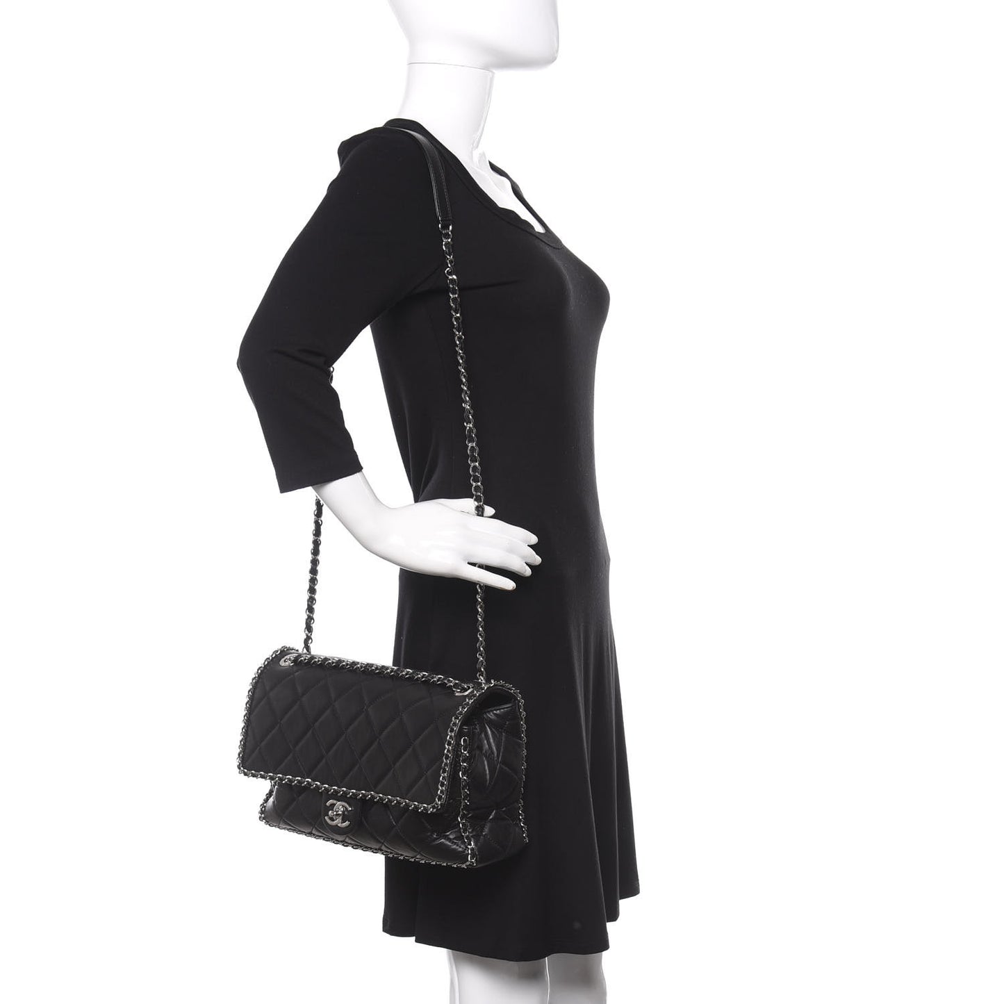 Crumpled Calfskin Quilted Large Chain All Over Flap Bag Black