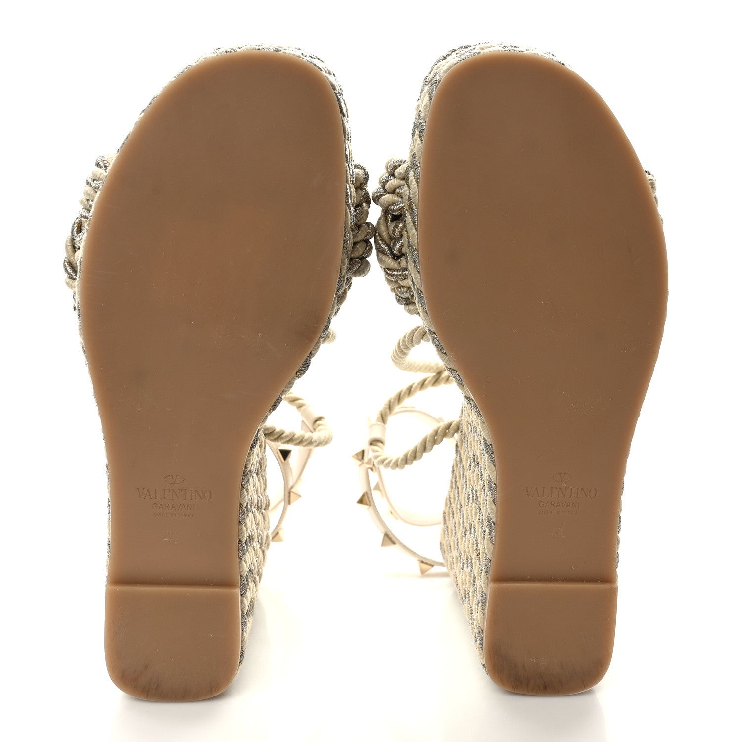 Valentino Garavani Braided Cotton Calfskin Rockstud Torchon Espadrille Wedge Sandals 41 Light Ivory 5 of 7