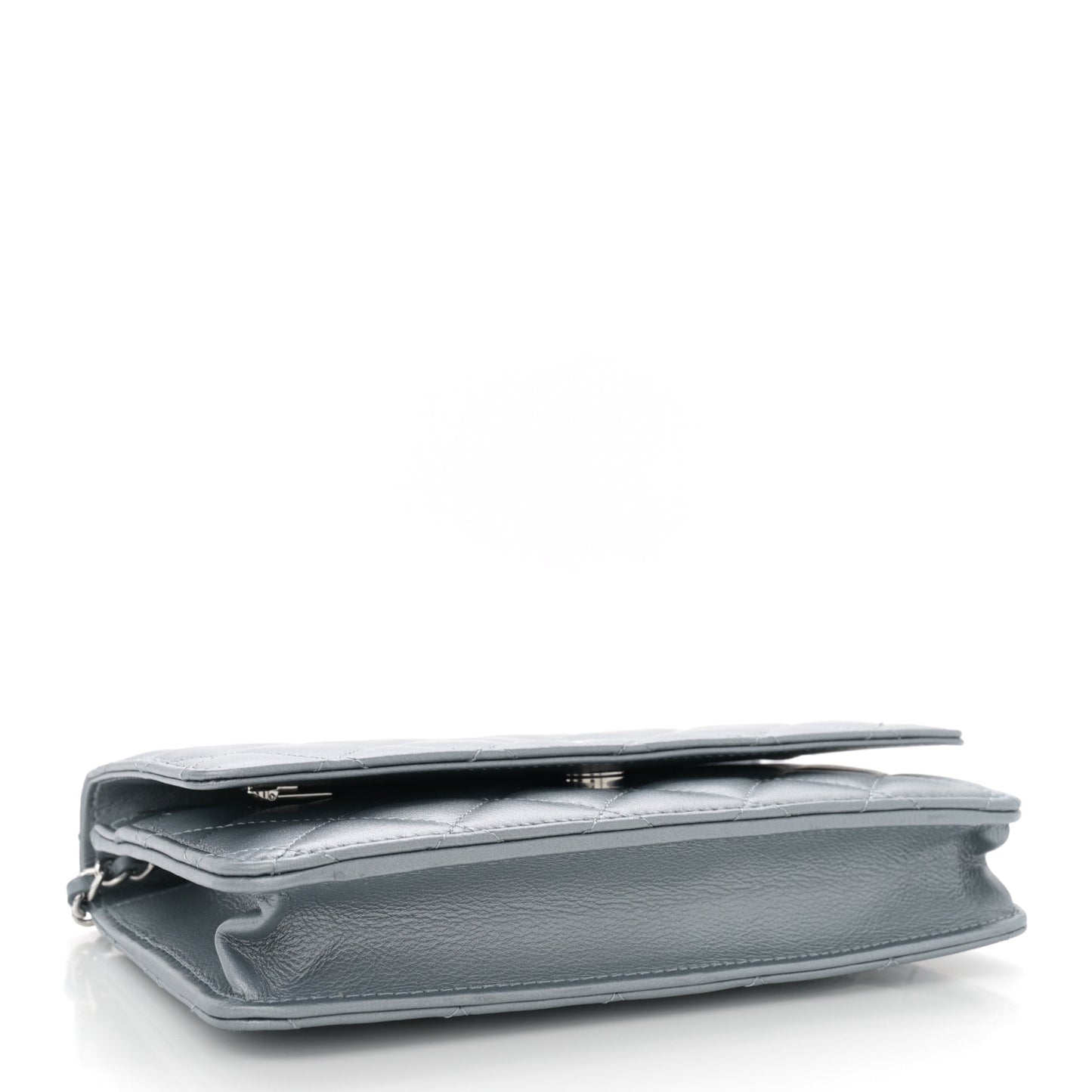 Metallic Lambskin Quilted Wallet On Chain WOC Silver