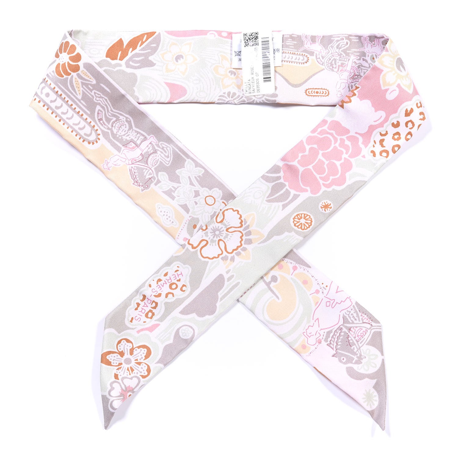 Hermes Silk Bingata Twilly Vieux Rose Vert De 1 of 4