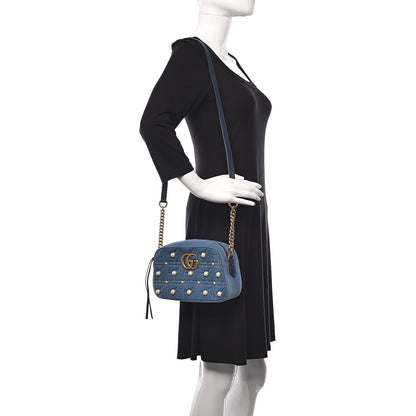 Gucci Denim Matelasse Pearl Studded Small GG Marmont Chain Shoulder Bag Blue 2 of 9