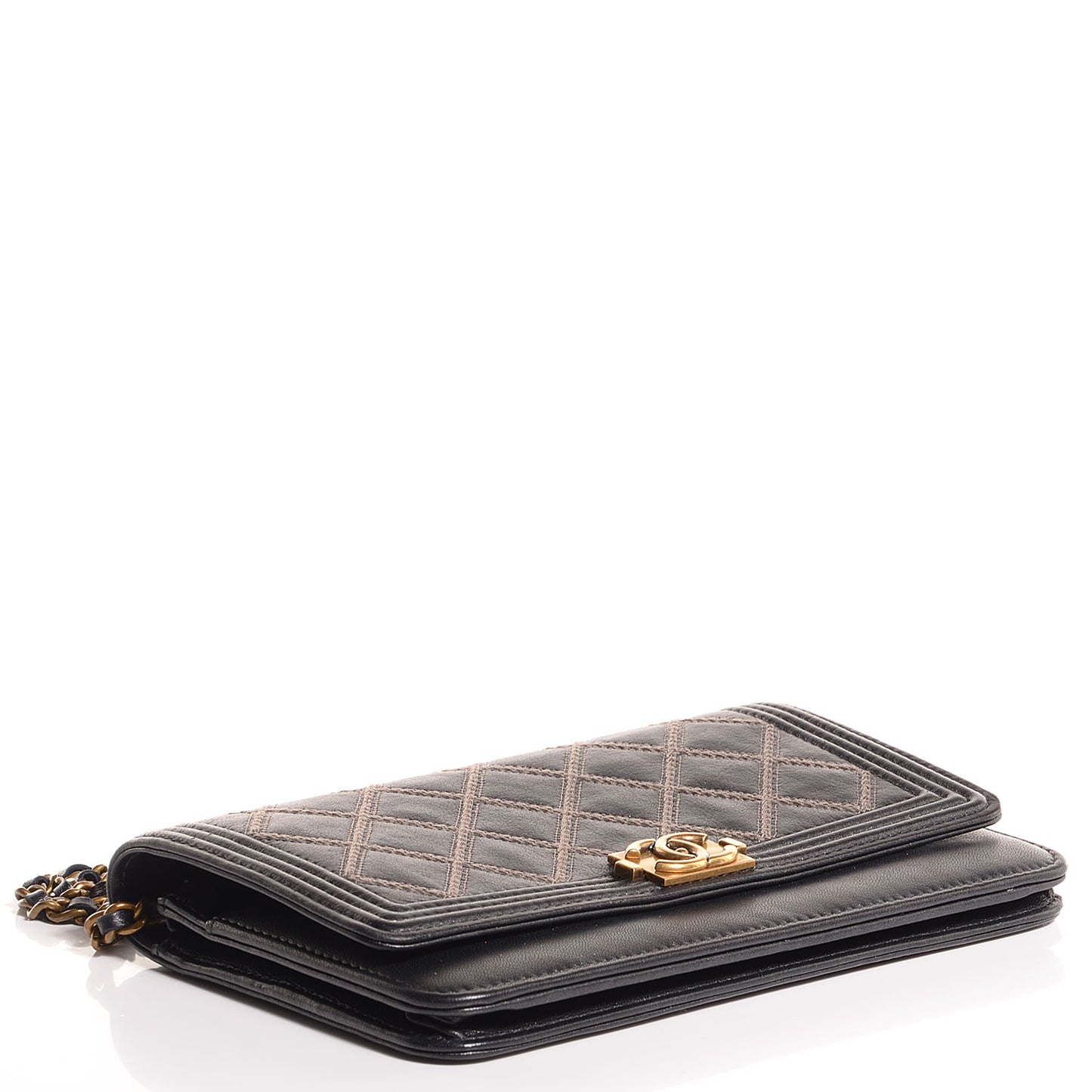 Calfskin Double Stitch Boy Wallet On Chain WOC Grey