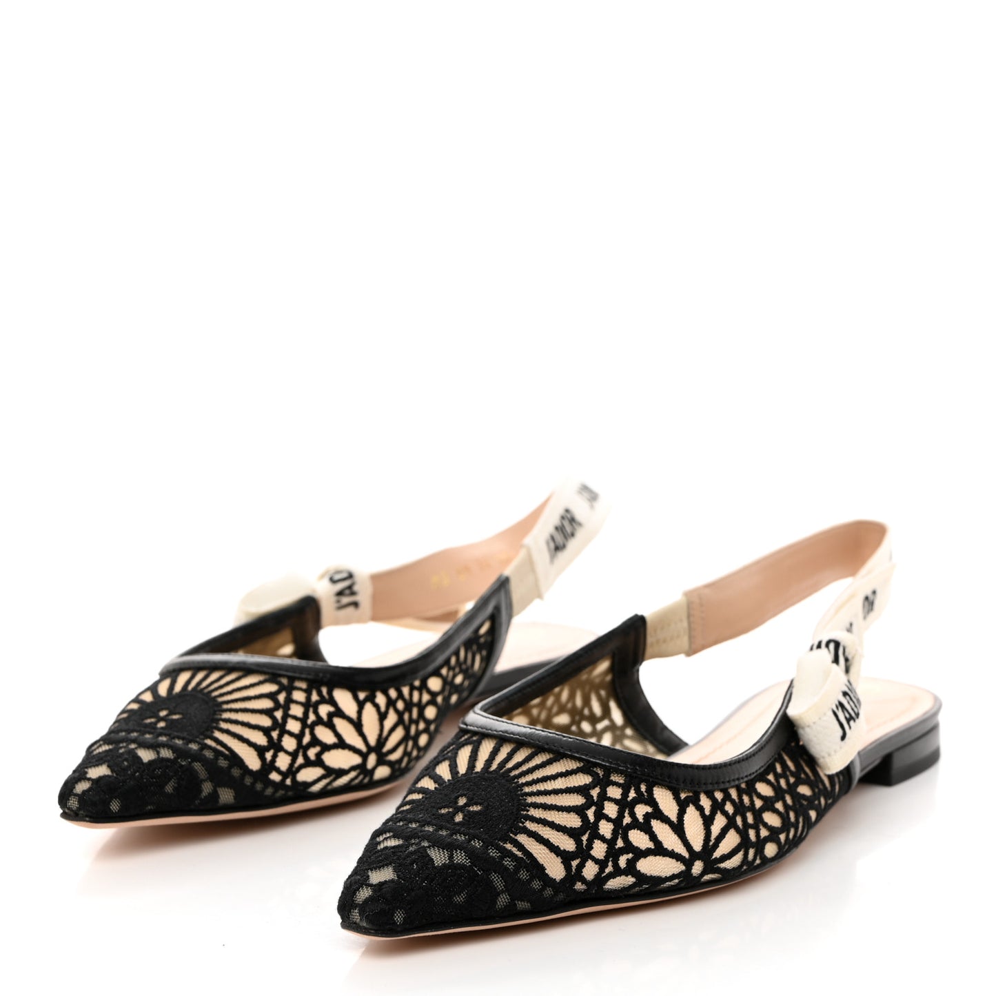 Fabric Ribbon Lace Embroidered J'Adior Slingback Flats 38.5 Black