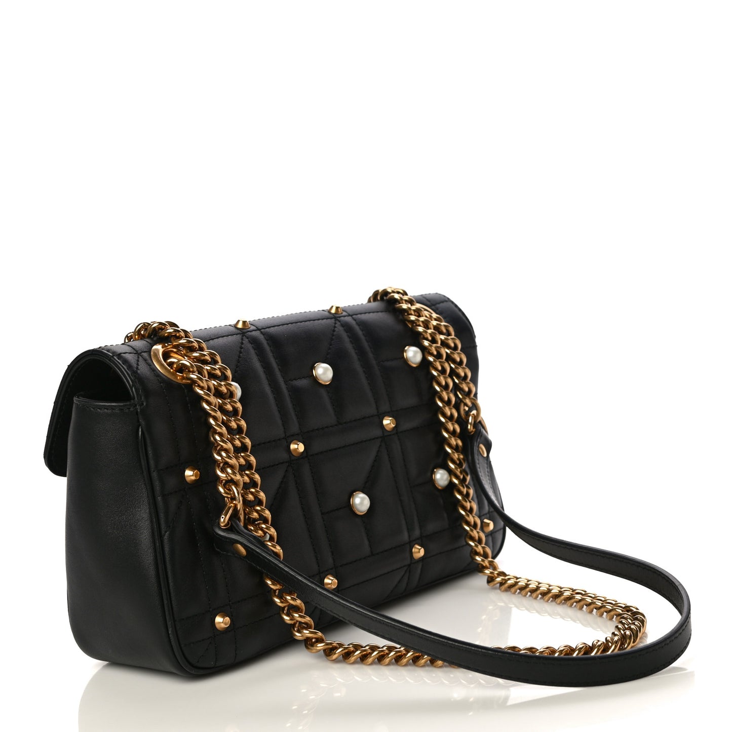 Calfskin Matelasse Studded Small Pearly GG Marmont Shoulder Bag Black