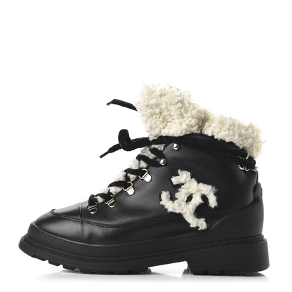 Chanel Calfskin Shearling CC Lace Up Boots 39.5 Black 1 of 7