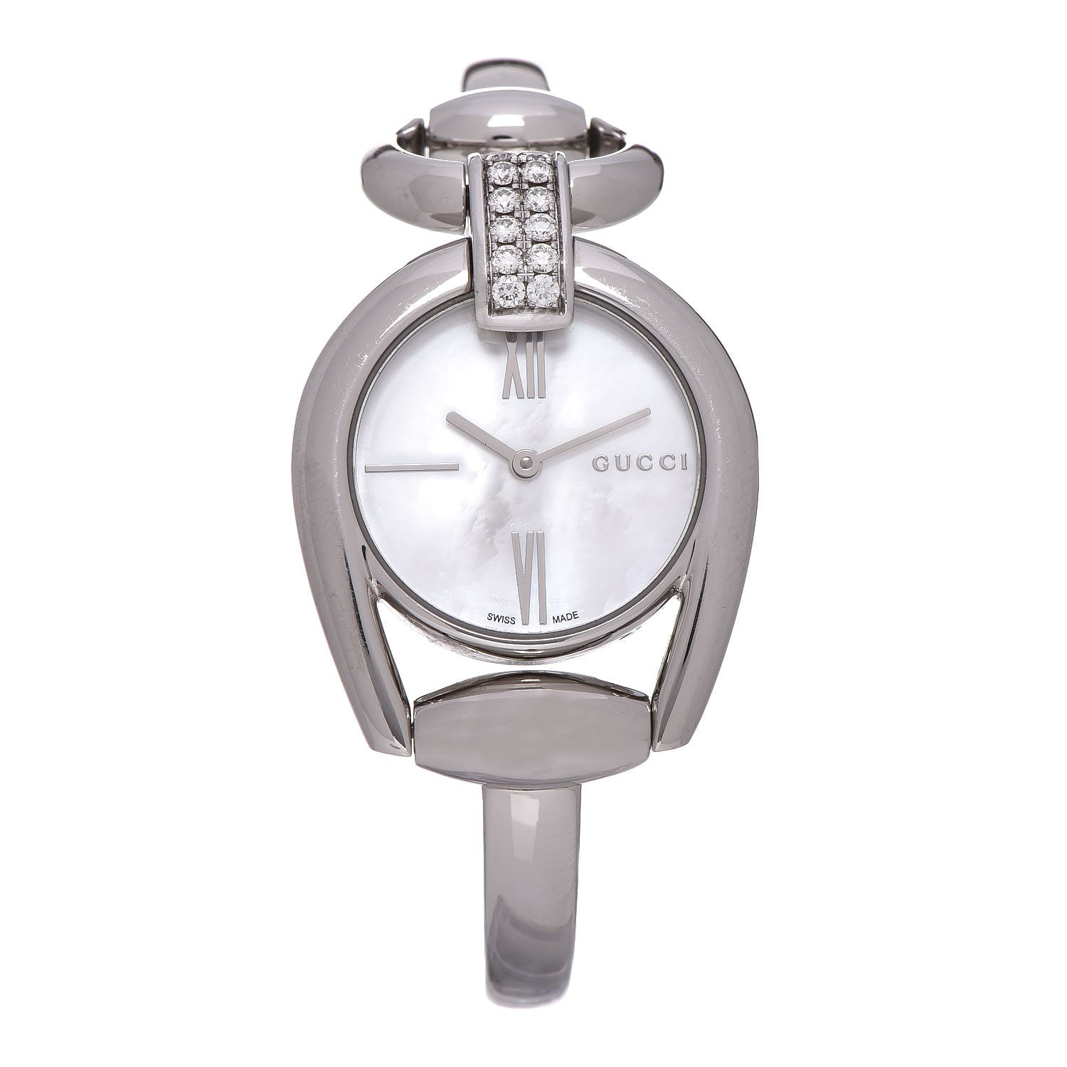 Gucci Stainless Steel Diamond Pave Mother of Pearl 28mm Horsebit Quartz Watch 1 of 7